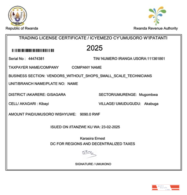 Rwanda trading license certificate Word and PDF template